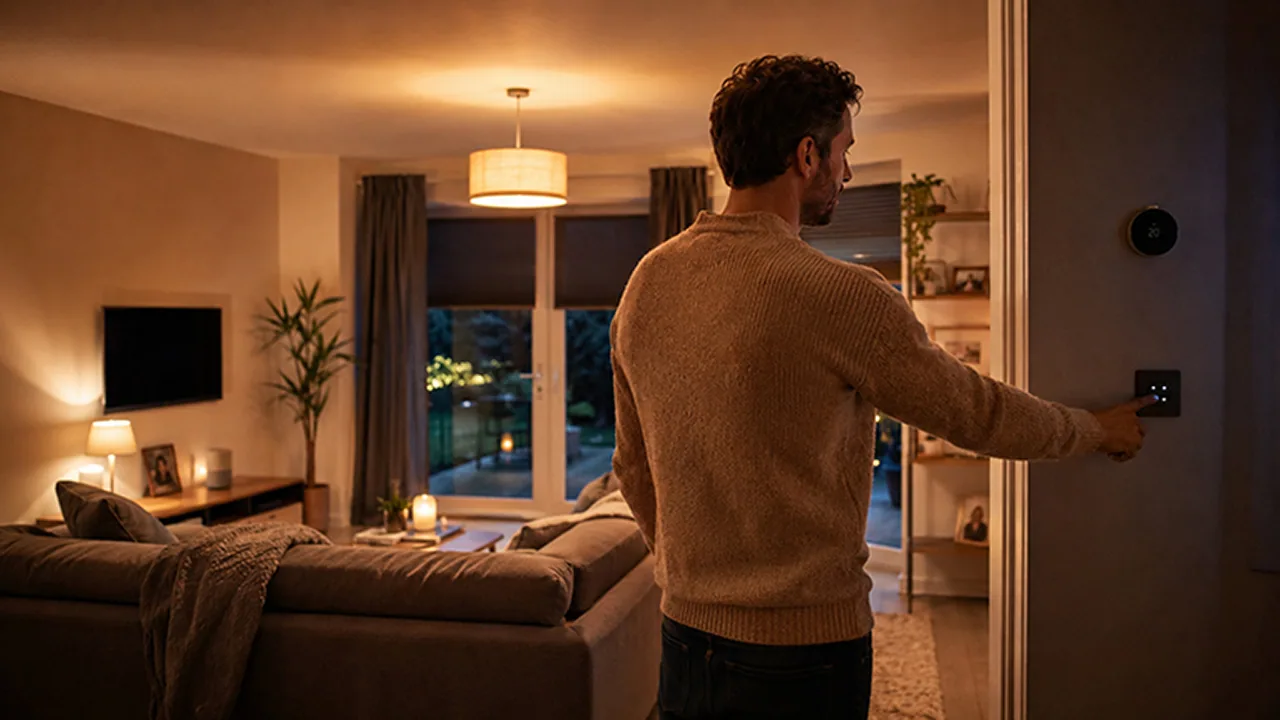 Person using a wall control beside a smart thermostat in a living room