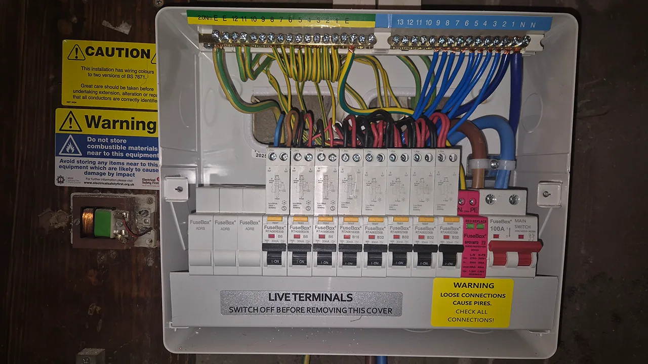 Open FuseBox consumer unit showing labelled circuits, earth and neutral bars, protective devices and main switch.