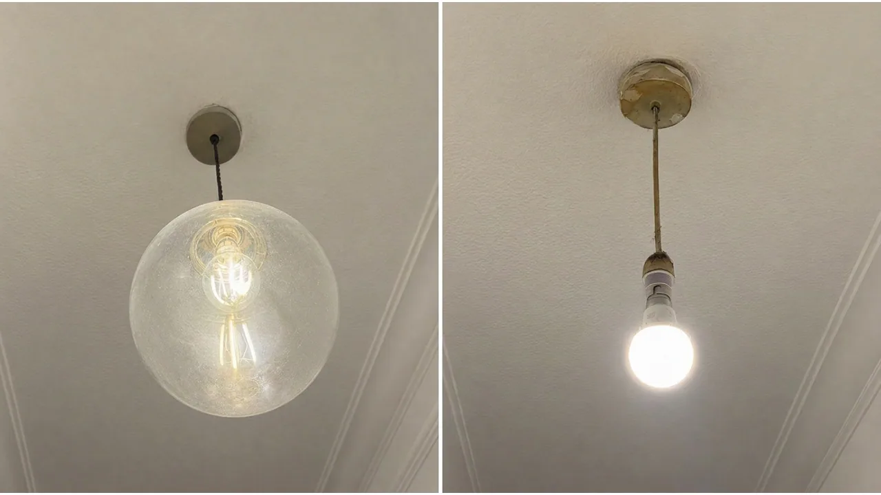 Globe pendant light shade shown beside a bare bulb pendant.