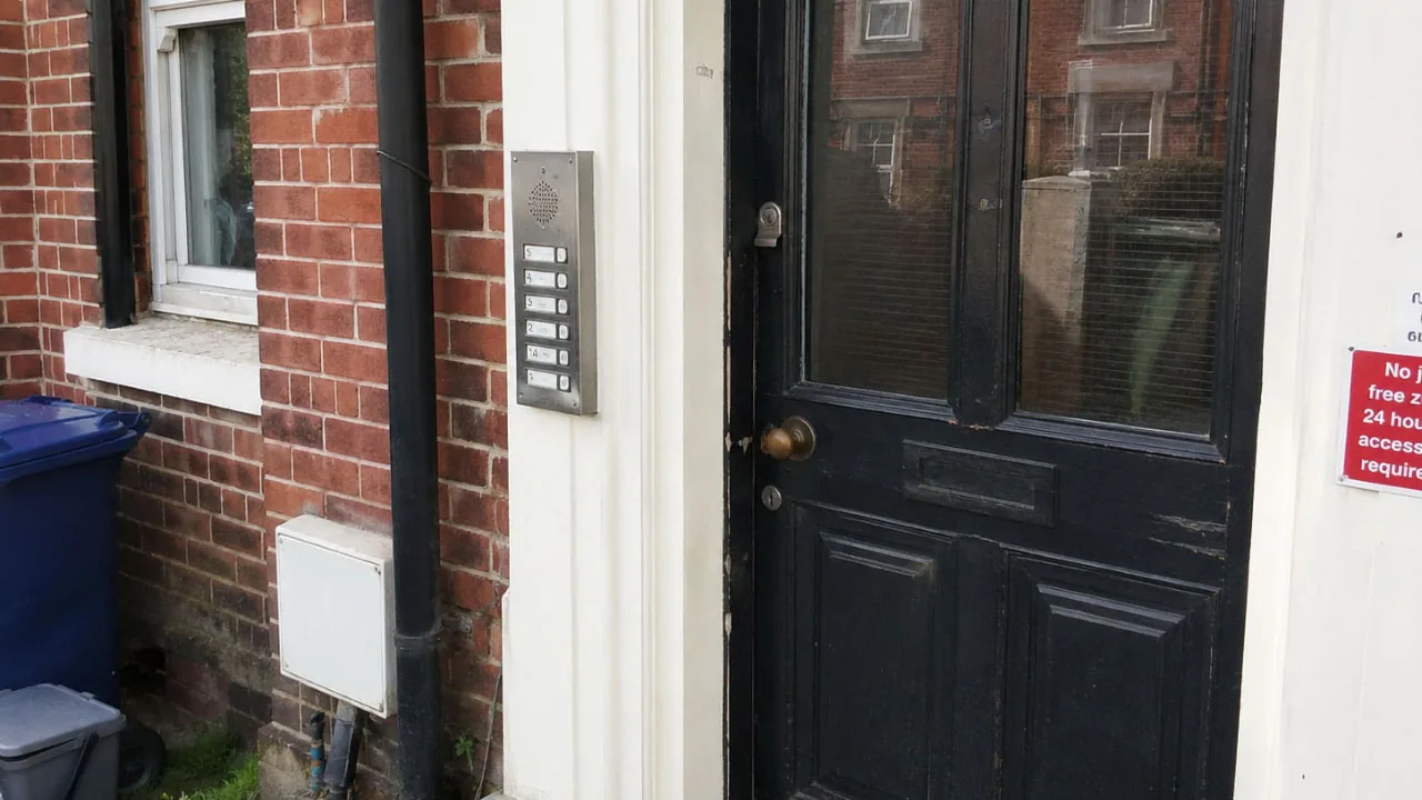 Multi-button entry panel beside a black shared front door.