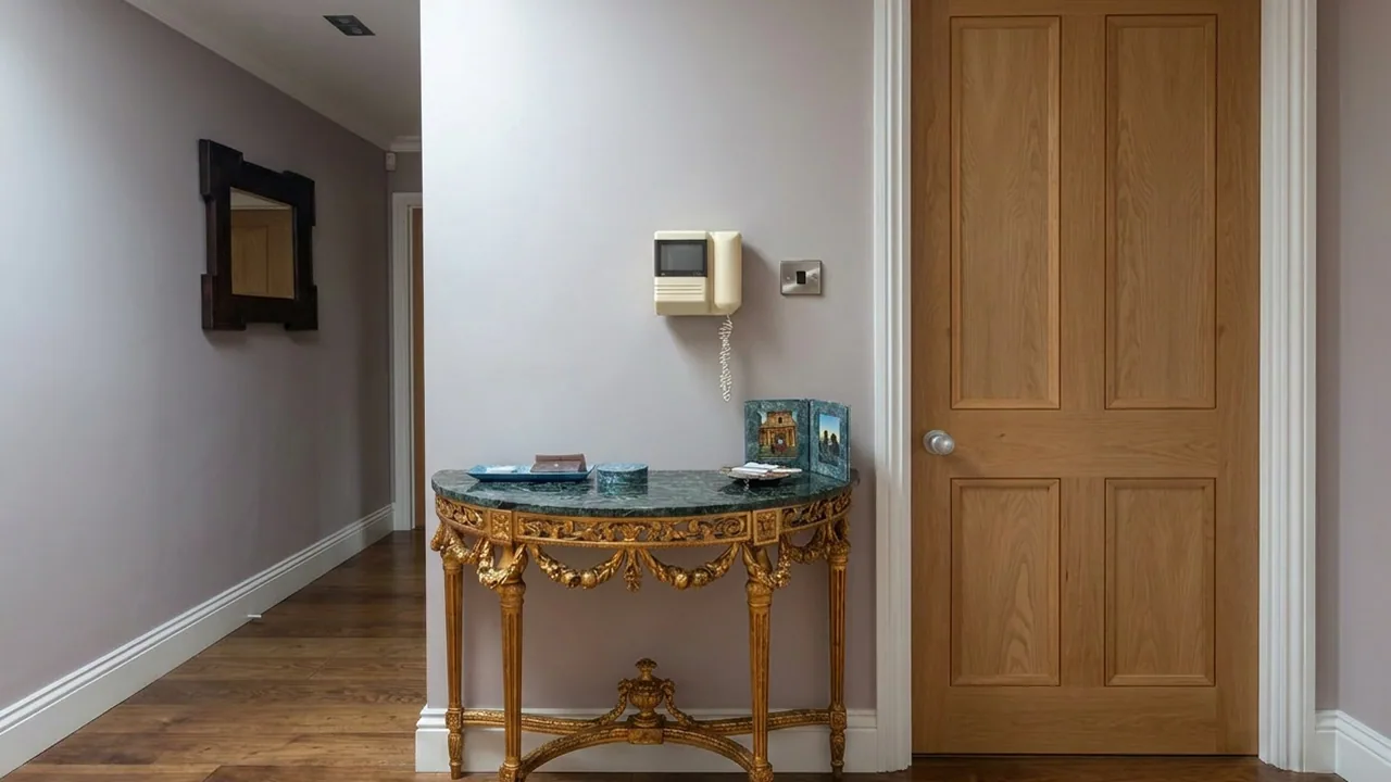 Older wall-mounted intercom monitor and handset beside an internal hallway doorway.