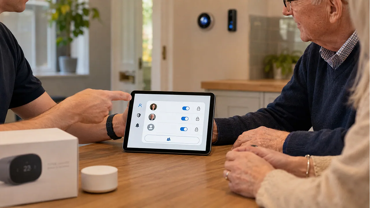 Tablet showing shared smart-home access permissions during a handover at a kitchen table.