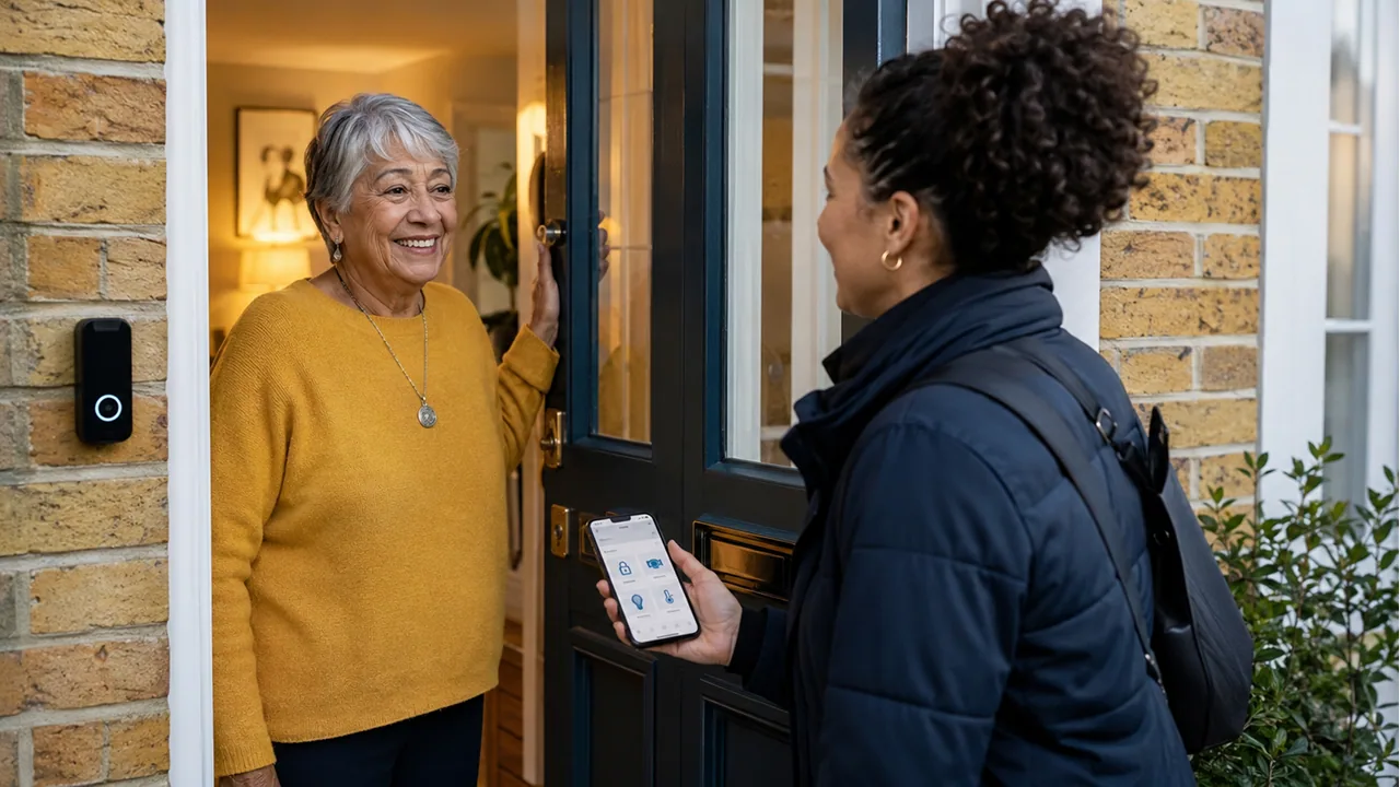 Phone app and video doorbell being shown during a front-door access handover.