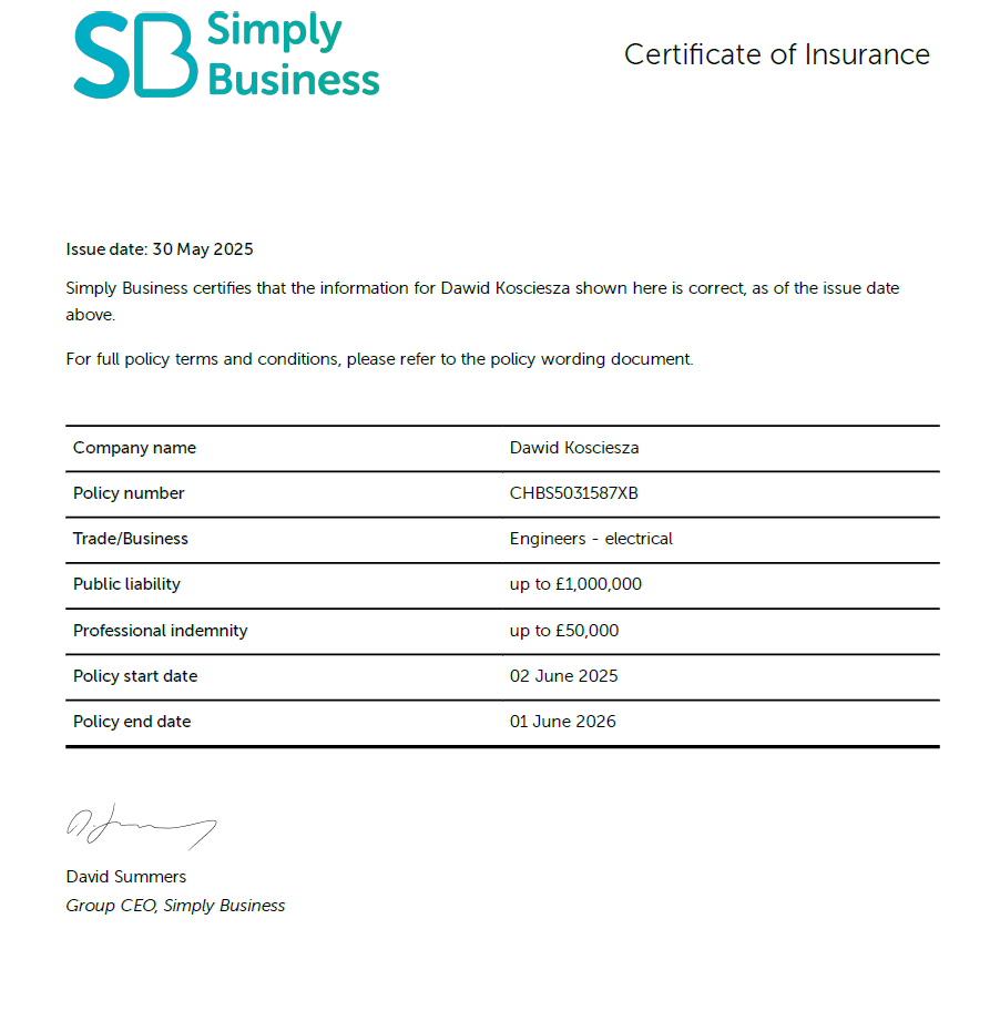 PDF – £1 million public‑liability insurance certificate